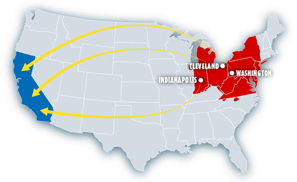 USA with line from California to Ohio