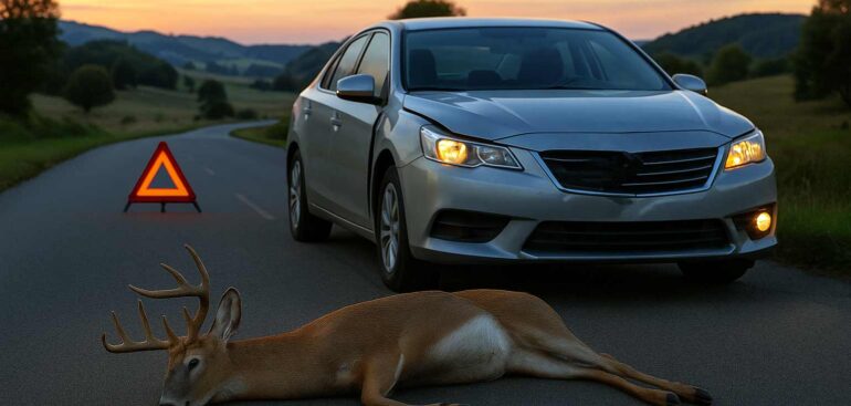 Car hitting deer on highway