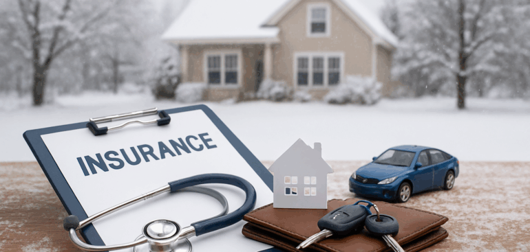 Picture of house insurance tools with house in background